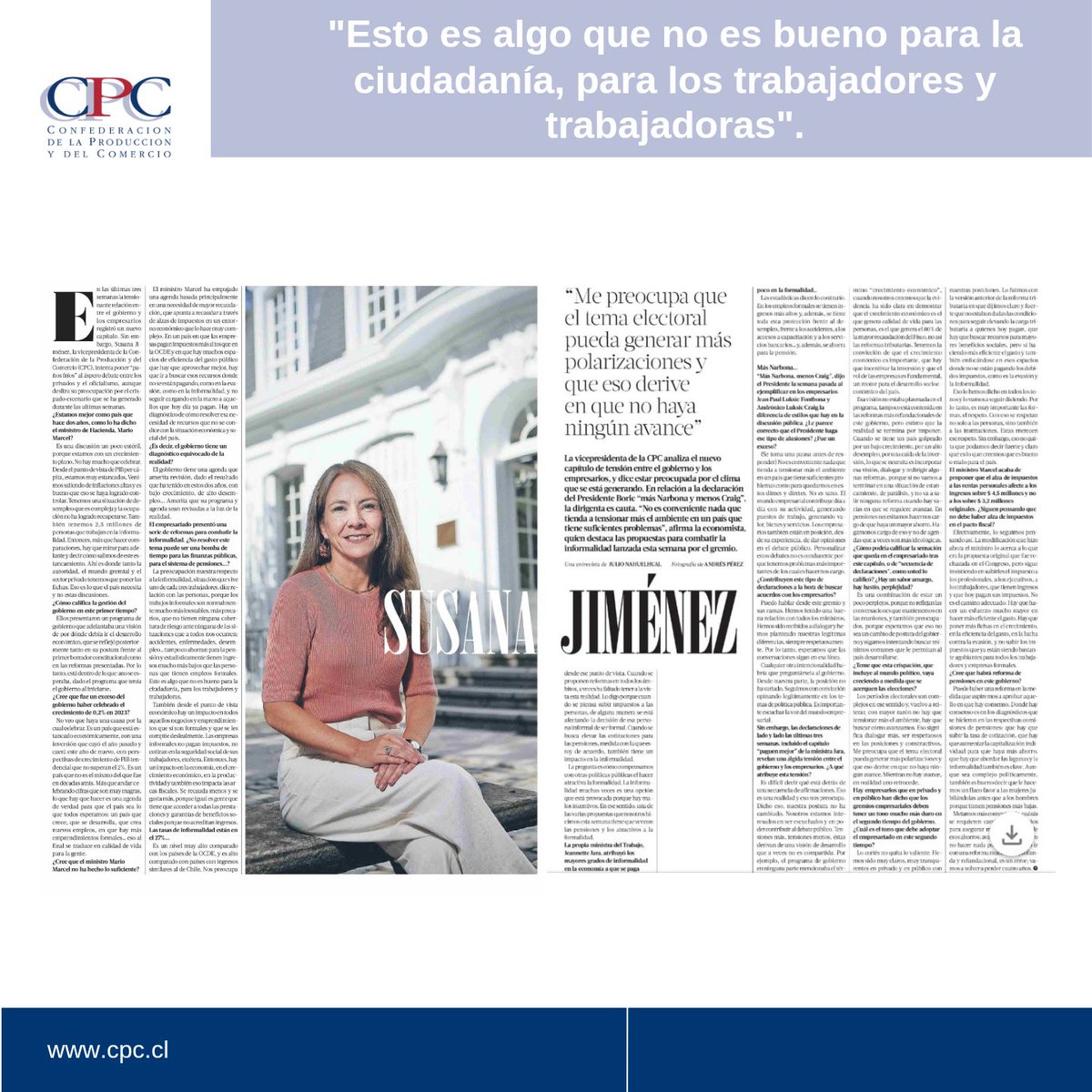 PRENSA• En entrevista con @pulso_tw la vicepresidenta de la #CPC @susanajimenezs destaca las propuestas para combatir la informalidad laboral lanzadas por el gremio. Revisa la entrevista completa 👉 latercera.com/pulso/noticia/…