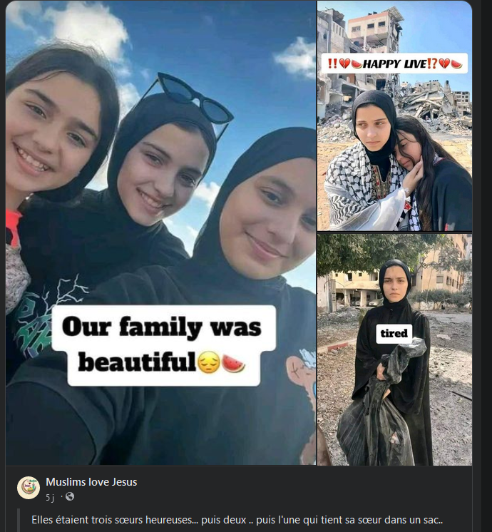 racmess's tweet photo. Que dire? 
que faire? 
c'est insoutenable💔💔💔

"Elles étaient trois sœurs heureuses... puis deux .. puis l'une qui tient sa sœur dans un sac..." 

#StopTheGenocide 🇵🇸🇵🇸🇵🇸 https://t.co/PYin72QVp4