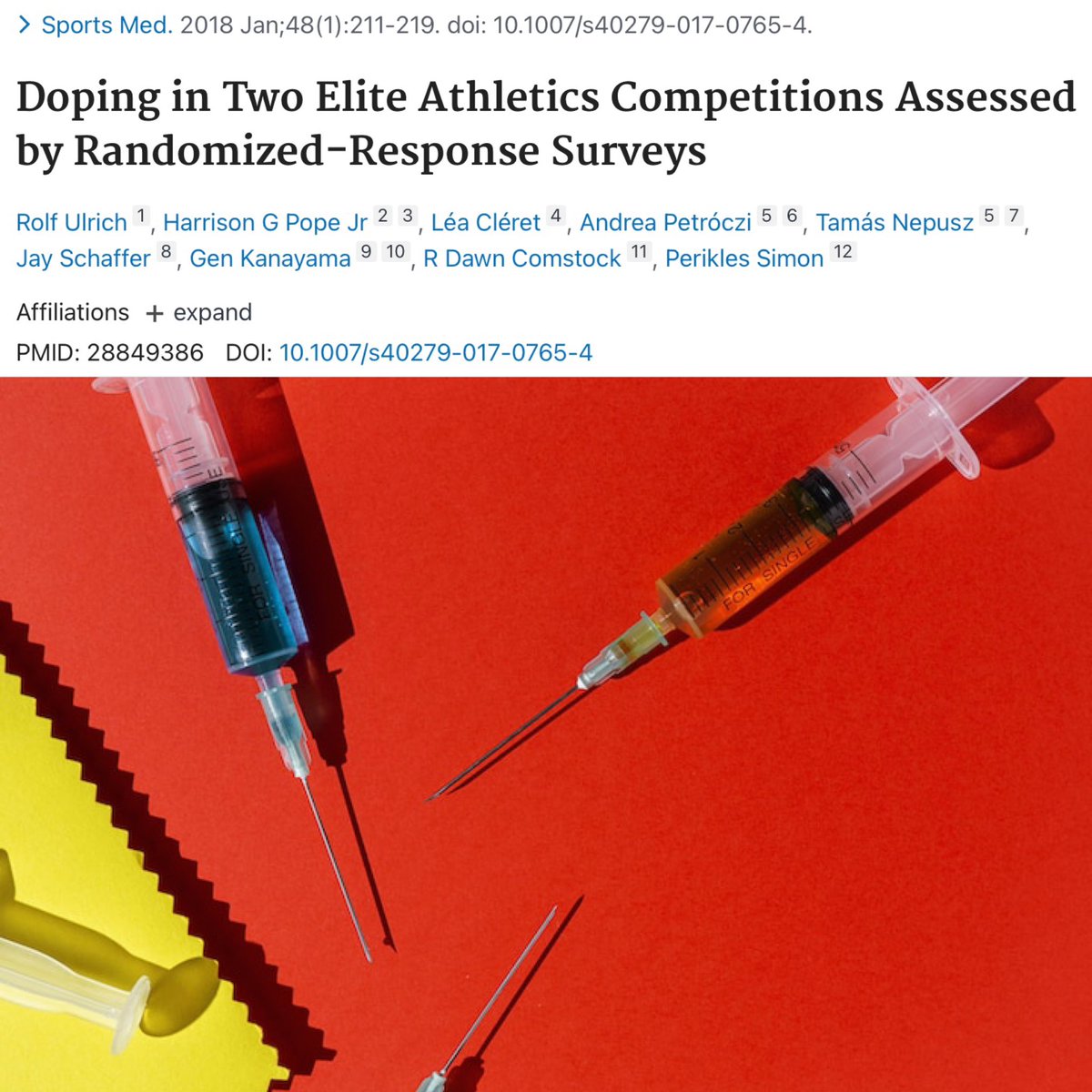 How common is doping in elite athletes? 💉 This study employed a randomised anonymous survey to assess doping in 2167 athletes at two major sporting events… IAAF World Championships in 🇰🇷 12th Quadrennial Pan-Arab Games in 🇶🇦 Survey results suggested that 50% of athletes were…