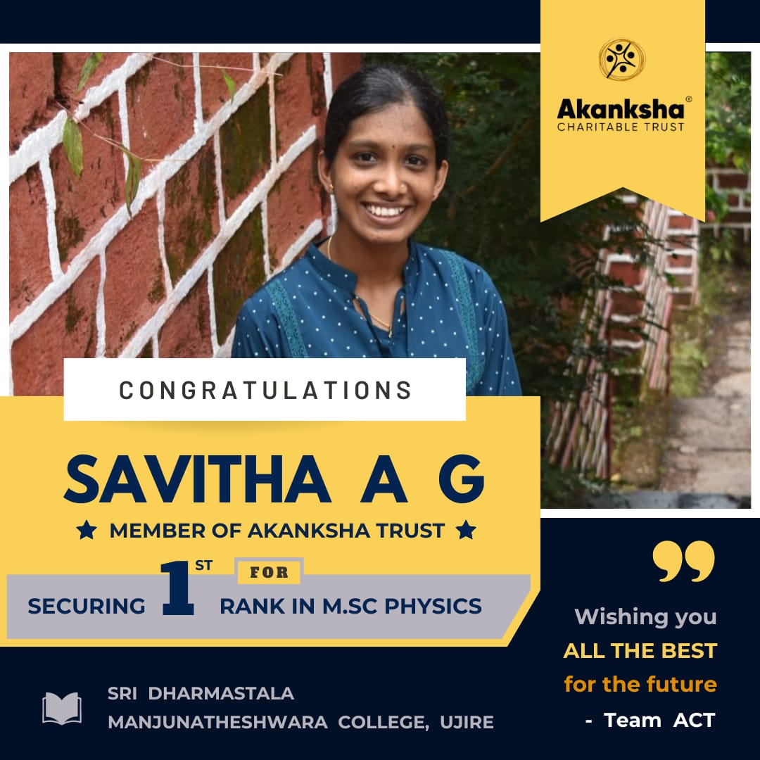 Celebrating success and academic excellence! Heartly congratulations to our beloved member Ms. Savitha A G for securing the 1st rank in the M.Sc Physics . Your dedication inspires us all! The whole team of ACT, wish her all the best for remarkable achievement.