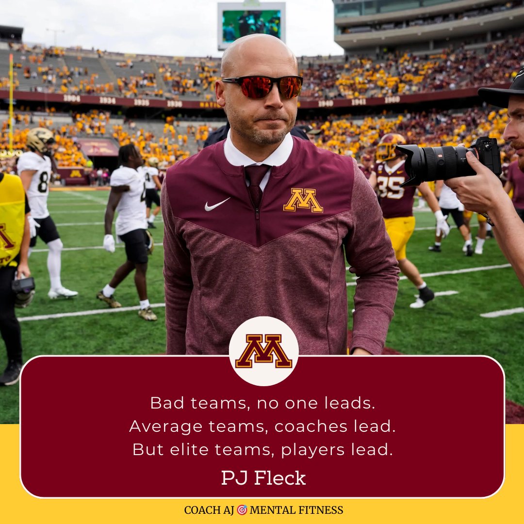 PJ Fleck said, "Bad teams, no one leads. Average teams, coaches lead. But elite teams, players lead."

The best teams are player-led.
• They lead by example
• They hold everyone accountable.

5 Ways to Implement Player-led leadership in your team
[Thread] 🧵