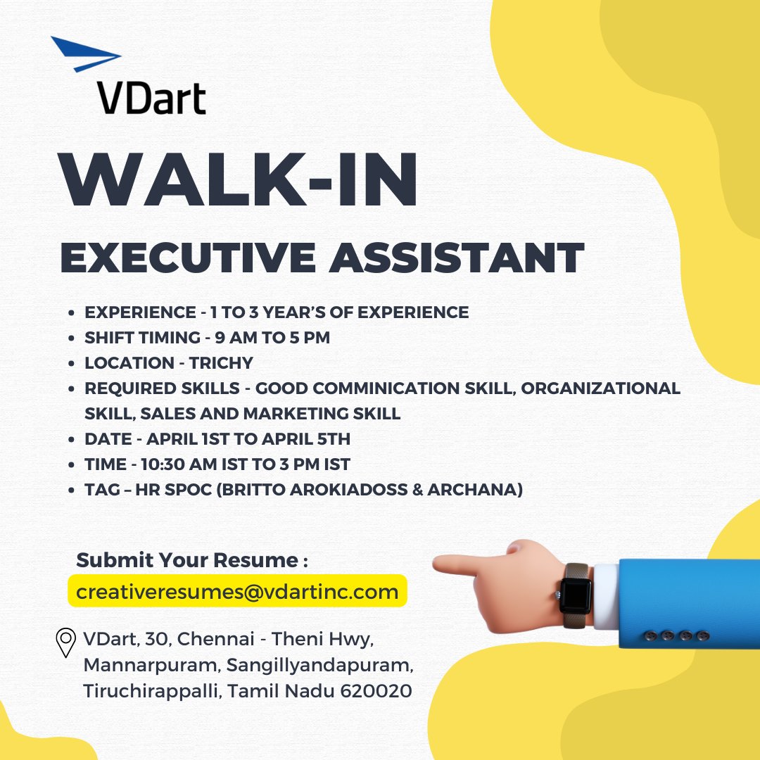 TrichyIT's tweet photo. Walk-in Interview in Trichy VDart from April 1st to April 5th. Available Positions
1. Social Media Manager
2. Executive Assistant
3. Response Management Coordinator
Shit timings - Day shift ( 9 am to 5 pm )
#trichyjobs #jobtrichy #vdart #vdartjobs #jobintrichy #tirchy https://t.co/rqe8gpCfYu