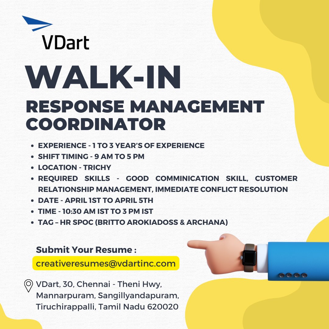 TrichyIT's tweet photo. Walk-in Interview in Trichy VDart from April 1st to April 5th. Available Positions
1. Social Media Manager
2. Executive Assistant
3. Response Management Coordinator
Shit timings - Day shift ( 9 am to 5 pm )
#trichyjobs #jobtrichy #vdart #vdartjobs #jobintrichy #tirchy https://t.co/rqe8gpCfYu