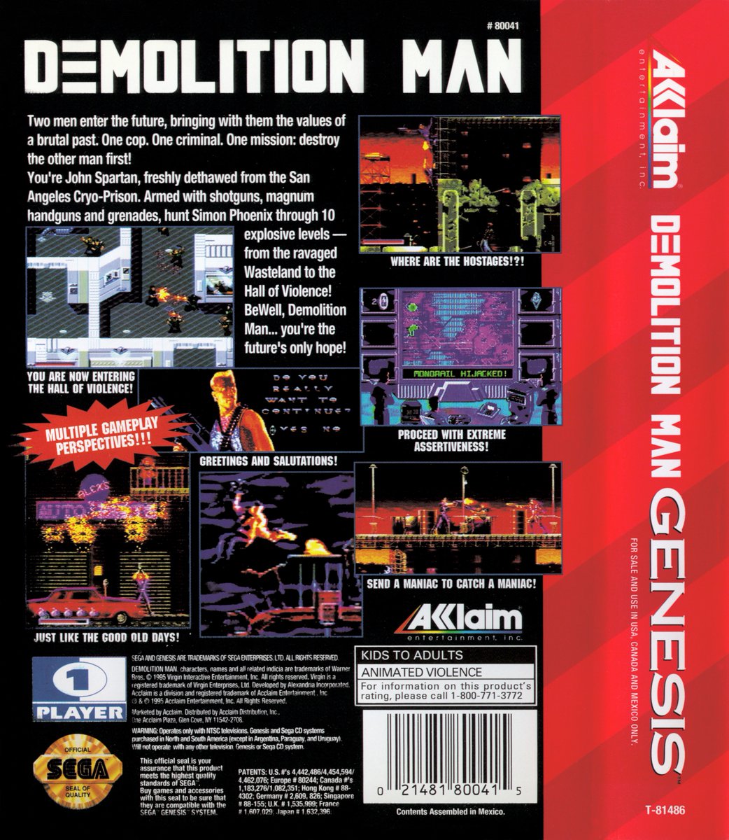 DEMOLITION MAN: In 1995 John Spartan set out to stop Simon Phoenix. A Sega Mega Drive/Genesis game from Alexandria & Acclaim this was based on the awesome film and also came to other formats, did you ever send a maniac to catch one? #retrogaming #Sega #Nintendo #90s #film #gaming