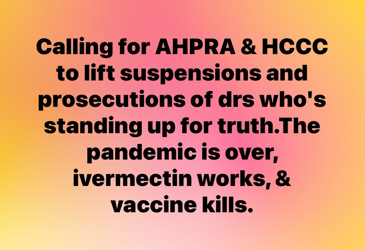 [Please Retweet 🌿]

It is time for AHPRA/Medical Council and the HCCC to do the right thing by the doctors who bravely stood up for the truth and the public good. Many of us are still under suspension, some for years. 

The pandemic has passed, and the efficacy of ivermectin
