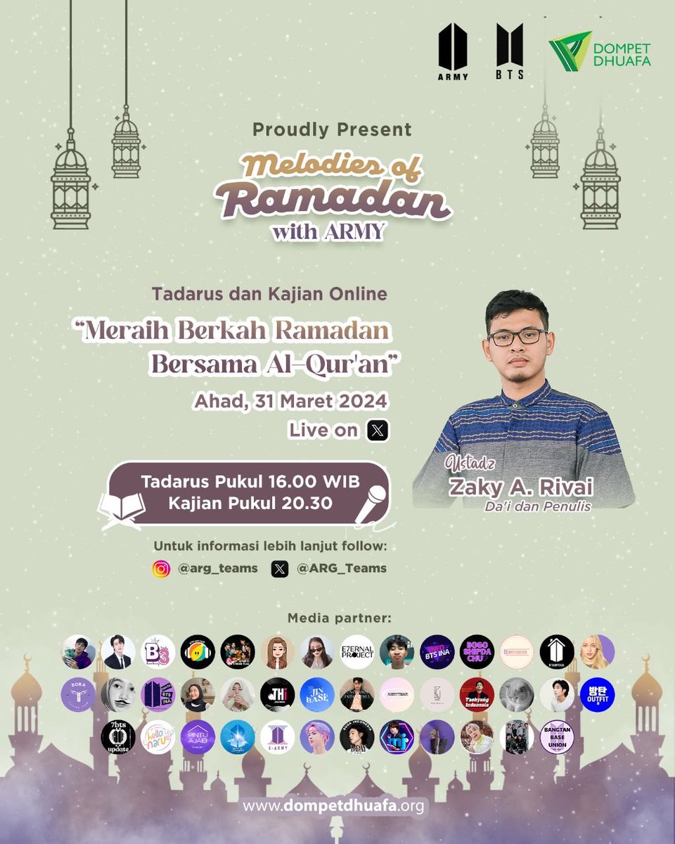 PintuAjaibID's tweet photo. @ARG_Teams ARMYYY, ikut Kajian online hari ini yaa di Space X ๐ฅฐ
Tadarus @ 16.00 WIB
Kajian @ 20.30 WIB
Mari terus raih berkah Ramadan๐
#MelodiesOfRamadan
#RamadanWithARMY https://t.co/P2NznO28in