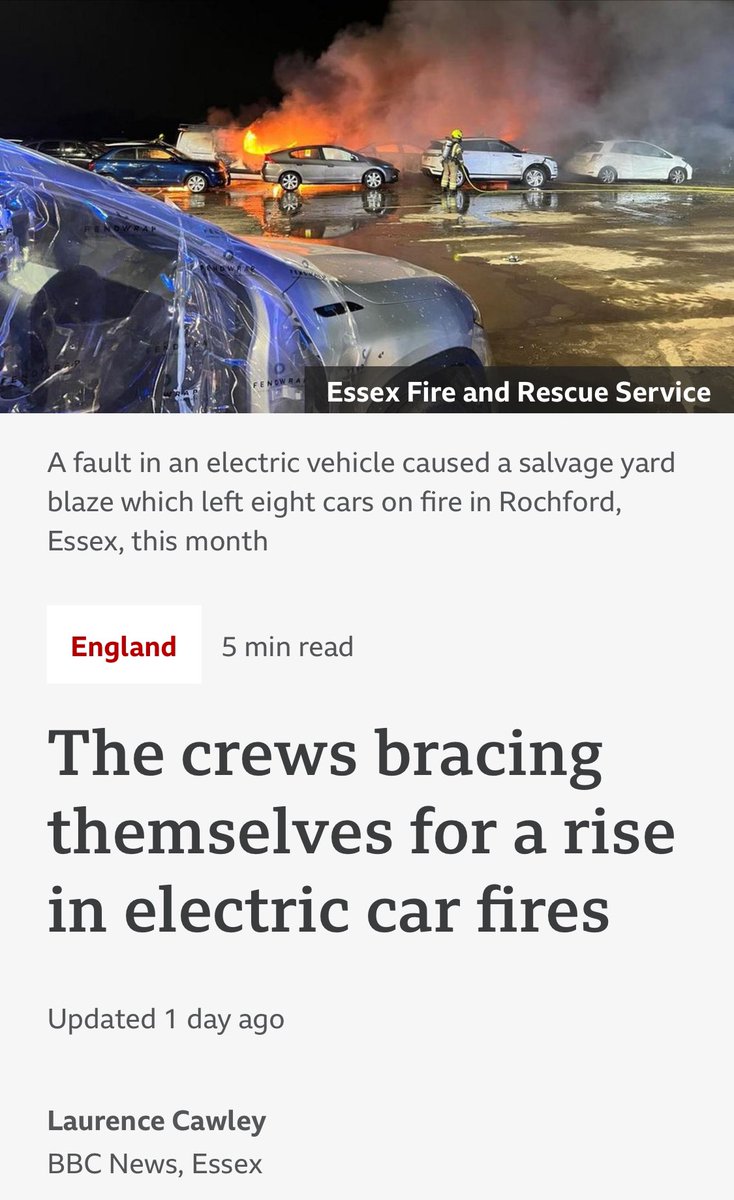 Here we go again @BBCNews spouting hype about a non-story. Yes, like all types of vehicle, EVs can catch fire but they are statistically much, much less likely to do so. Fires caused by or involving the traction battery are also only a small percentage of the EV fires. Just stop!