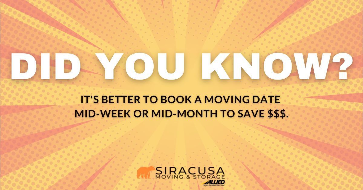 💡 Did You Know — it’s better to book a moving date mid-week or mid-month to save $$$? Let's get started on your next move: buff.ly/39sjTuH

#siracusamoving #awardwinningmovers #residentialmovers #commercialmovers #peakmovingseason #movingtips #fullservicemovers