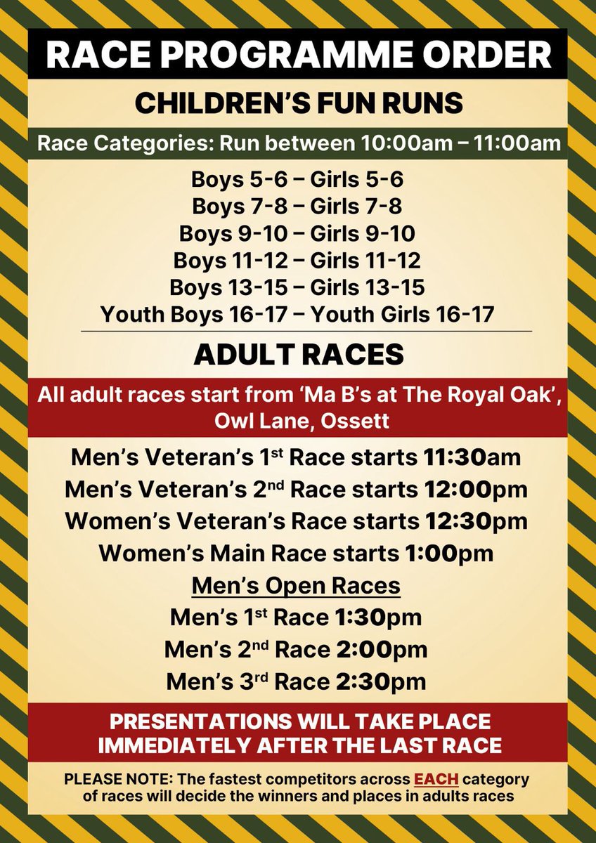 Not long now until tomorrows big event! Here’s the running order for both children’s &amp; adult races. We hope you all have a wonderful day - rain or shine 🫣☔️🌞 #mywakefield #UKSPF