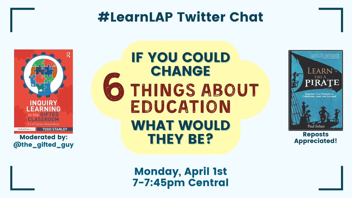 Please join @the_gifted_guy MONDAY at 7pm Central for #LearnLAP!

#ccsschat #hsADchat #hsgovchat #iaedchat #mnmasa #oklaed #probchat #txeduchat #CVESDChat #EDthink #WATeachLead #bcedchat #wyoedchat #caedchat #edtech #k12 #education #edchat #tlap #teachertwitter #teachers #nced