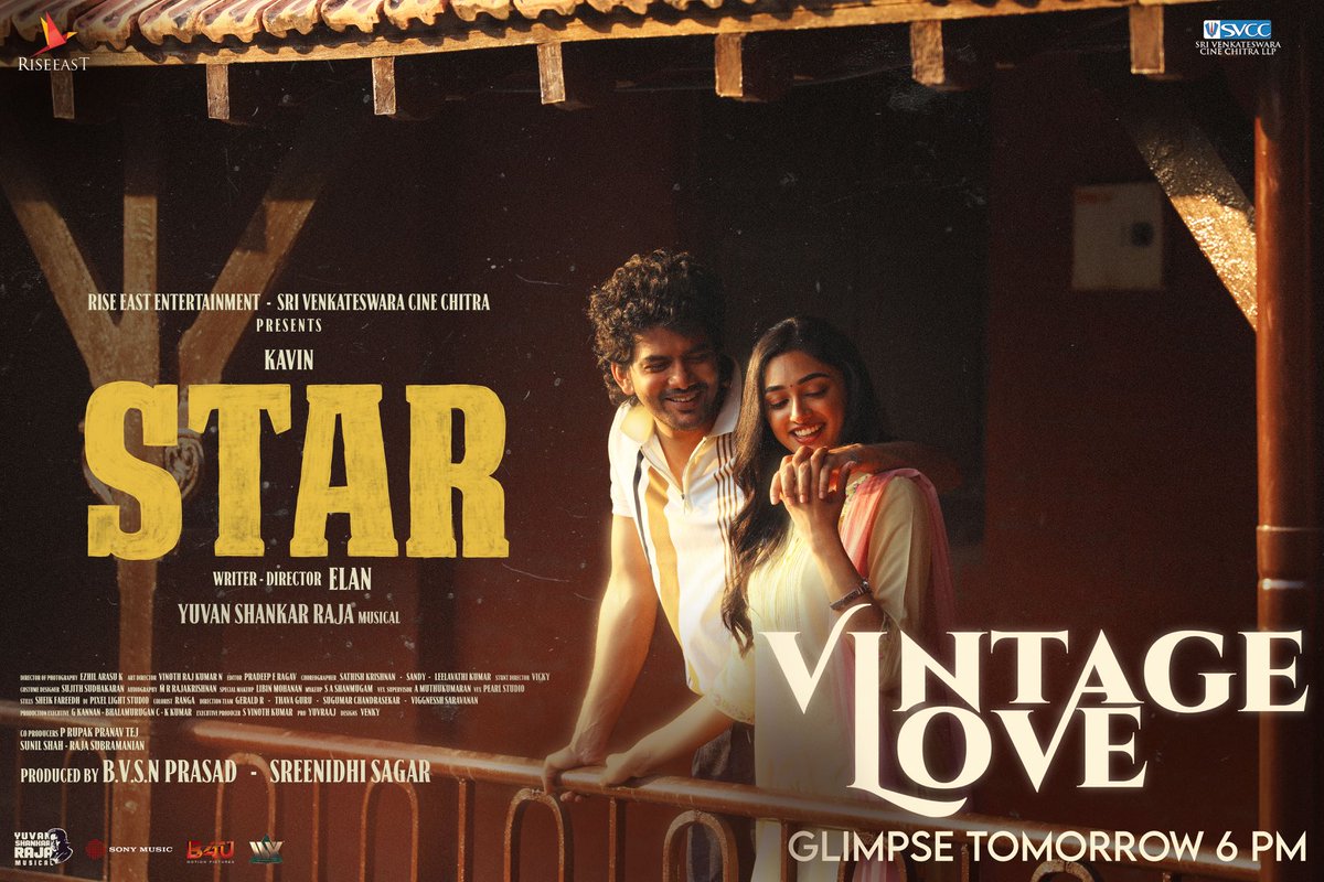 Get ready to step back in time with the vintage vibes of #Star second single #VintageLove, a glimpse dropping tomorrow at 6 PM! @thisisysr musical 🎶 #STARMOVIE ⭐ #KAVIN #ELAN #YUVAN #KEY @Kavin_m_0431 @elann_t @aaditiofficial @PreityMukundan @LalDirector @riseeastcre