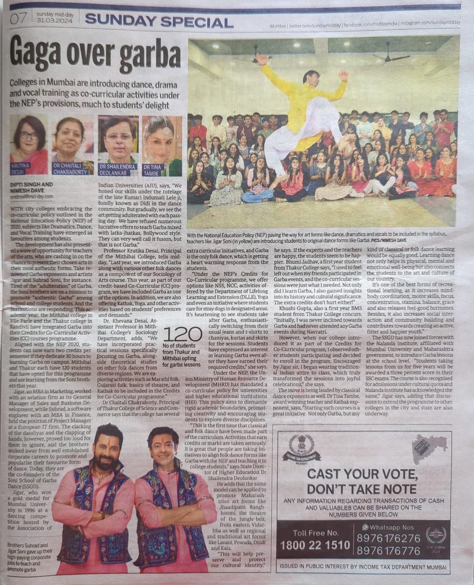 With #NationalEducationPolicy paving way for art forms like dance, dramatics & vocals to be included in the curriculum, Much to students delight #Mumbai colleges & artists like Jigar & Suhrad Soni are introducing students to ‘authentic’ form of #Garba mid-day.com/mumbai/mumbai-…