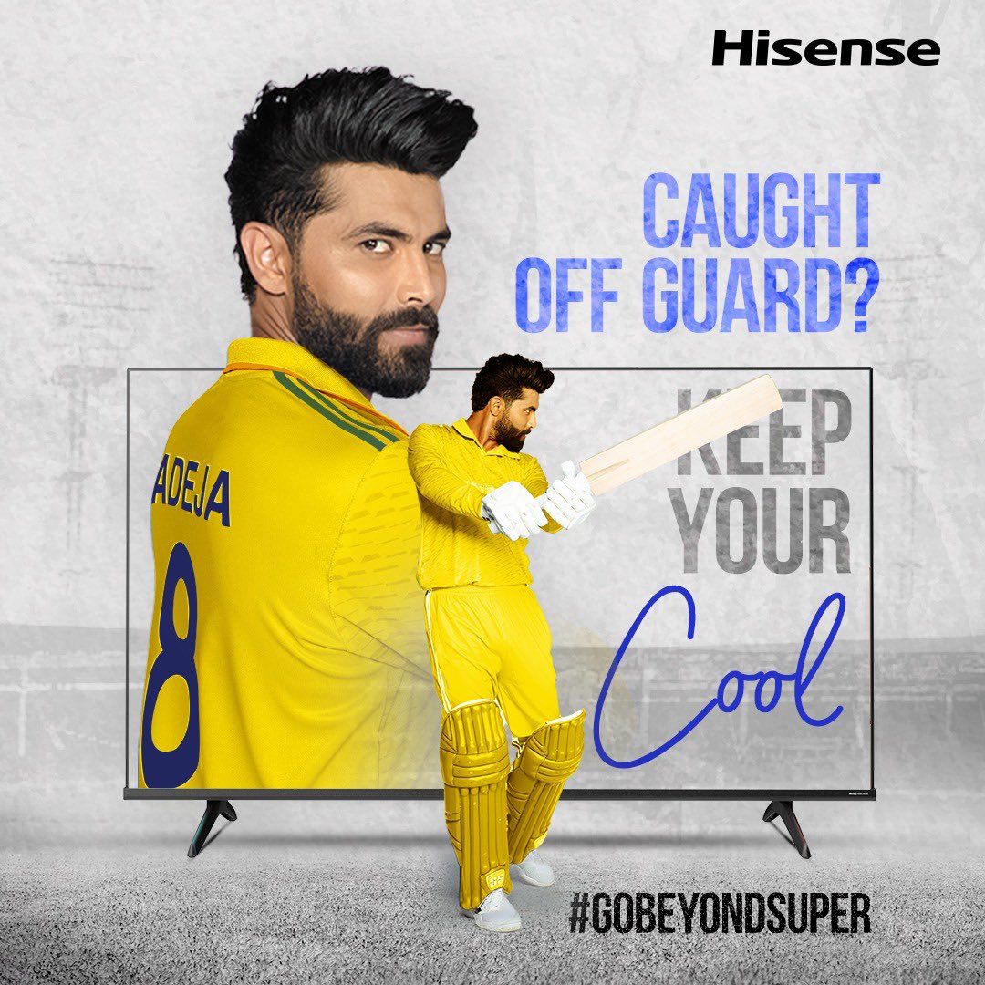 Hisense_IND's tweet photo. Caught off guard? No sweat, we play it cool and go #BeyondSuper. We’re geared up for the match, are you ready too?
#HisenseIndia #ravindrajadeja #cricket https://t.co/oV7vWLfRwA