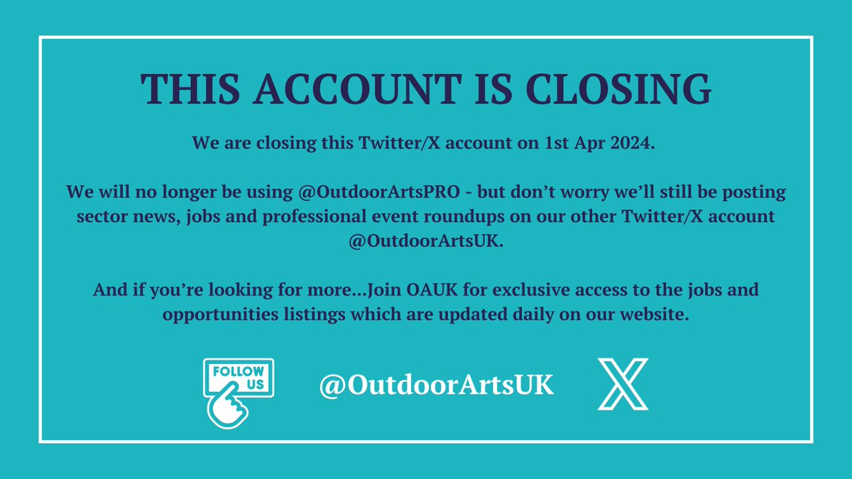 We are closing this Twitter/X account TOMORROW on 1st Apr 2024. But don’t worry we’ll still be posting sector news, jobs and professional event roundups on our other Twitter/X account so make sure to follow us there >>> @OutdoorArtsUK #OutdoorArtsUK #OAUK #OutdoorArts
