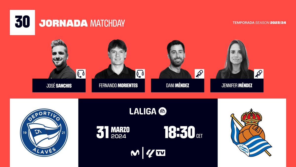 🏟 Mendizorrotza. 18.30h (previa desde las 17.40h). Deportivo Alavés - Real Sociedad. 

🎙con #MitoSanchis, <a href="/MorientesNo9/">Fernando Morientes</a>, <a href="/Jenifermendezz/">Jennifer Méndez</a> y ☝🏻. #InsideLALIGA