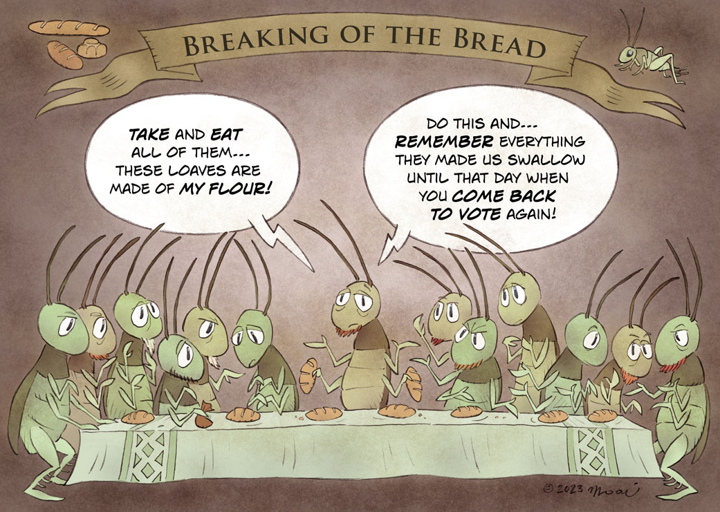 We are not bugs, we are not slaves! Break the bread... and your chains! 🥖⛓🗽 Best wishes for a good (and free) #Easter2024 🕊 #Easter #Eucharist #Bugs #YouAreBugs #NWO #FarmersProtest #GlobalResistance #WEF2030Agenda #NetZero