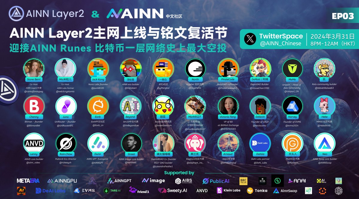 🐣 铭文复活节快乐! 🐰

🎥 今晚8点至午夜12点（UTC+8)，别错过我们的铭文复活节专场#AMA。在这里，你将有机会与铭文社区和Web3领域的顶级KOL一起，庆祝AINN Layer2主网的即将上线，以及迎接我们有史以来规模最大的符石 <a href="/AINN_RUNES/">AINN</a> 空投。

🔗Space Link： x.com/i/spaces/1DXxy…