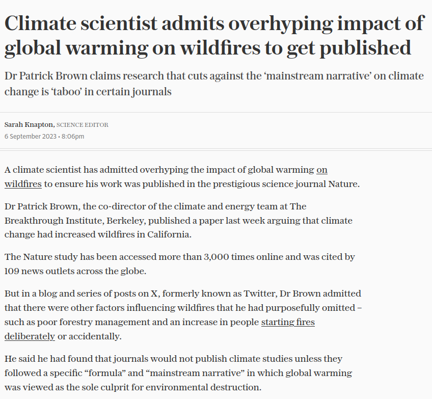 TonyClimate's tweet photo. "Dr Patrick Brown, the co-director of the climate and energy team ....  said he had found that journals would not publish climate studies unless they followed a specific “formula” and “mainstream narrative” in which global warming was viewed as the sole culprit for environmental destruction."

https://t.co/hUwTnqs3Mq

#ClimateScam