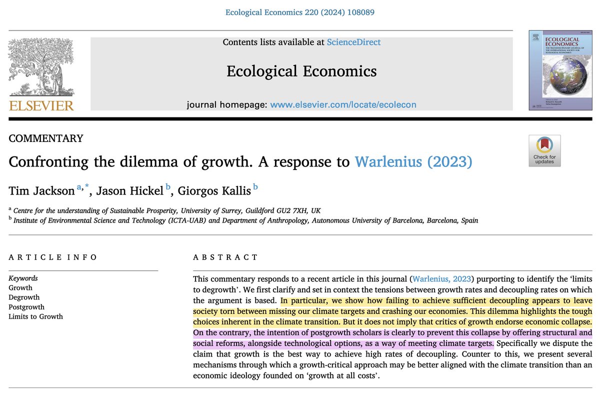 'In short, there are no grounds to accuse postgrowth [or degrowth] scholars of endorsing economic collapse. On the contrary, the postgrowth perspective expands the range of options open to society in navigating the climate transition.' doi.org/10.1016/j.ecol…