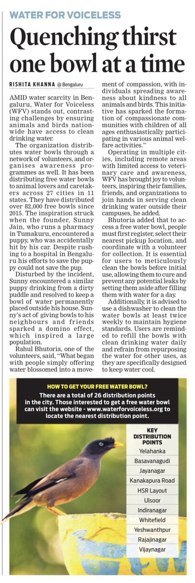 Amid #waterscarcity in Bengaluru, Water for Voiceless stands out by ensuring animals and birds nationwide have access to clean drinking water. The organisation have distributed over 82,000 free bowls since 2015 

@XpressBengaluru 

newindianexpress.com/states/karnata…