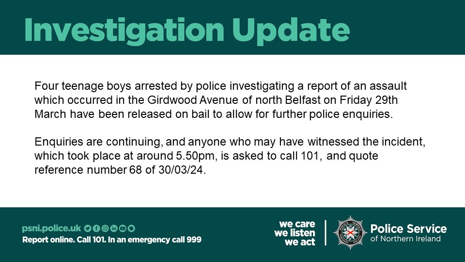 Four teenage boys arrested in relation to an assault in north Belfast have been released.