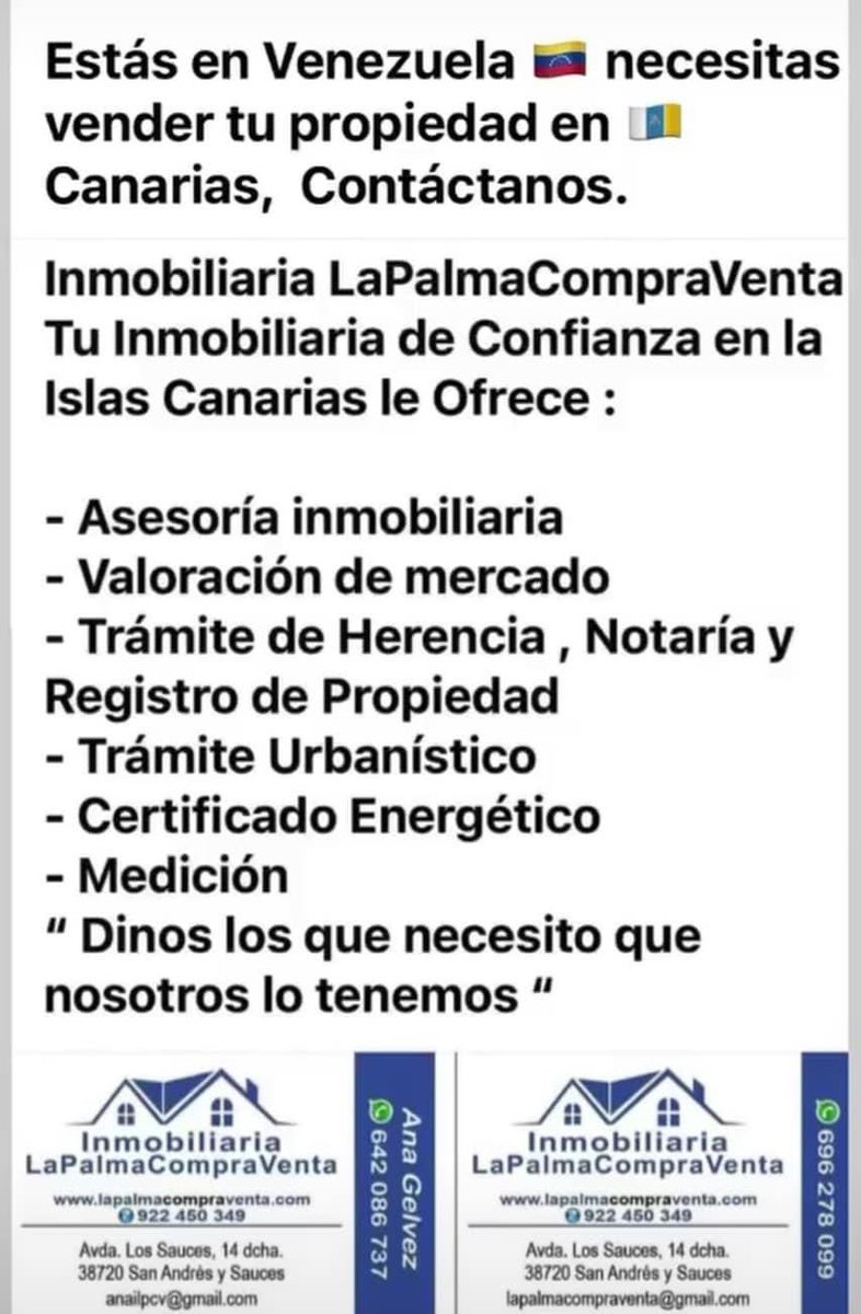ServiceCanaria1's tweet image. LaPalmaCompraVenta Tu Inmobiliaria de Confianza en la Islas Canarias le Ofrece :
⁃Asesoría inmobiliaria 
⁃Valoración de mercado 
⁃Trámite de Herencia , Notaría y Registro de Propiedad 
⁃Trámite Urbanístico 
⁃Certificado Energético 
⁃Medición 
“Lo que usted neces