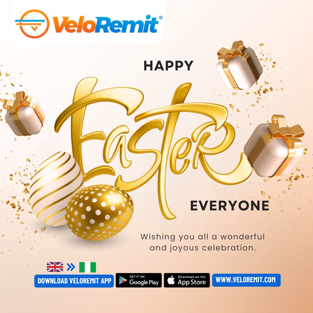 🐰✨ Happy Easter from VeloRemit! Let us spread love and joy to all 🙌 🇬🇧🇳🇬 #HappyEaster #EasterSunday #veloremit #moneytransferapp #SpreadLove #uktonigeria #bestrates #sendmoney #Fast #secure #nigeriannews #downloadnow