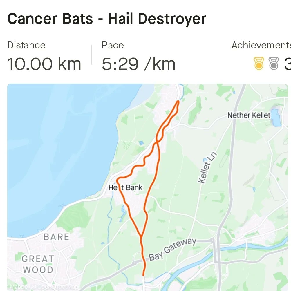Cakesniffer77's tweet photo. Out in the sunshine for a #virtualrunclub 10km. Lovely run, almost derailed by someone opening a car door on me just as I passed. Said some very un-Jesusy words to them but no lasting damage. 13 dogs 1.3DpKm @runningpunks listened to @cancerbats - Hail Destroyer https://t.co/F1I8V9HLRS