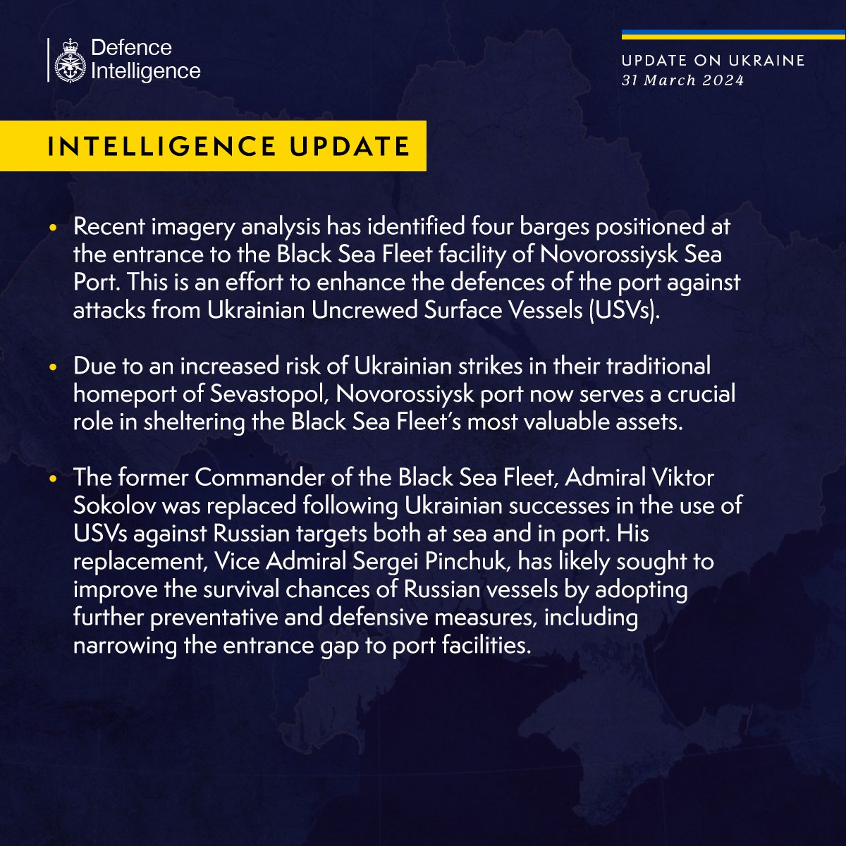 Recent imagery analysis has identified four barges positioned at the entrance to the Black Sea Fleet facility of Novorossiysk Sea Port. This is an effort to enhance the defences of the port against attacks from Ukrainian Uncrewed Surface Vessels (USVs).  Due to an increased risk of Ukrainian strikes in their traditional homeport of Sevastopol, Novorossiysk port now serves a crucial role in sheltering the Black Sea Fleet's most valuable assets. The former Commander of the Black Sea Fleet, Admiral Viktor Sokolov was replaced following Ukrainian successes in the use of USVs against Russian targets both at sea and in port. His replacement, Vice Admiral Sergei Pinchuk, has likely sought to improve the survival chances of Russian vessels by adopting further preventative and defensive measures, including narrowing the entrance gap to port facilities.