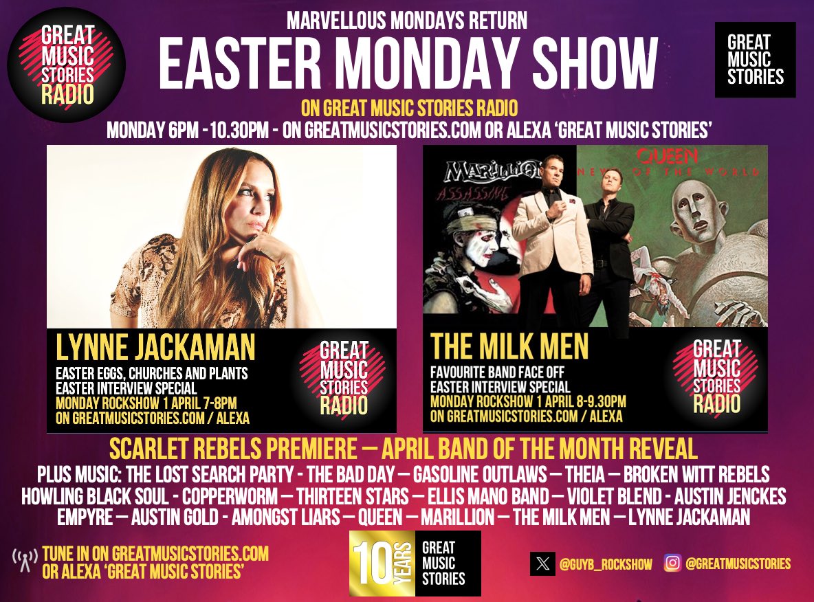 Monday Rockshow. Two interview specials with @lynnejackaman and #TheMilkMen, April Band of the Month, @ScarletRebels premiere & sizzlers @The_LSP_Rock @copperwormUK @THEIA_uk @HBStheband @bluenationmusic @Brokenwittrebel @13_Stars1 @GasolineOutlaws & more x