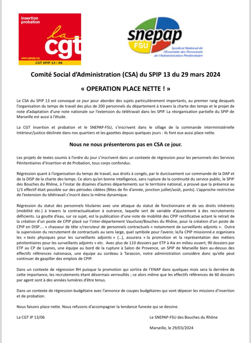 Les personnels pénitentiaires d’insertion et de probation des Bouches du Rhône rejoignent les opérations interministérielles et font « Place nette ». Détournement des emplois de CPIP pour recruter des… surveillants contractuels… dans un contexte RH déficitaire, le grand délire