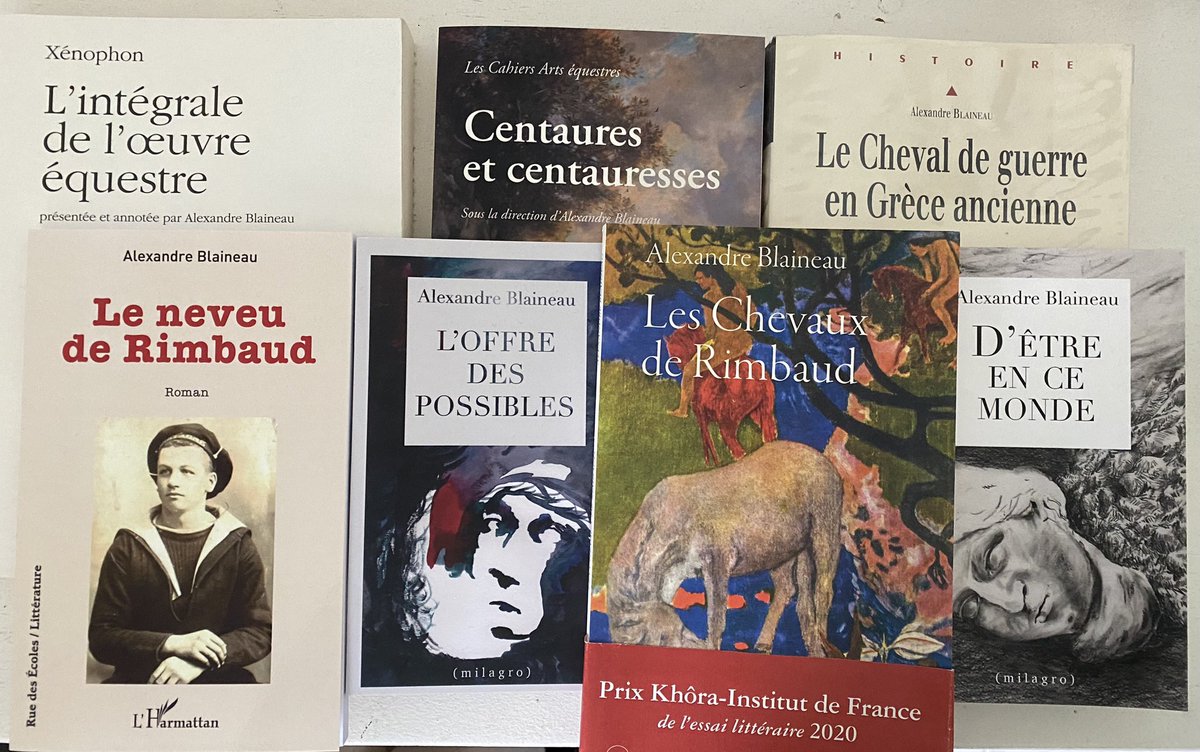 Ma bibliographie (2011-2024).

Sept livres qui tracent un parcours d’écriture fait de hasards et de sujets d’intérêt, entre Xénophon, les chevaux, Rimbaud, la poésie, les centaures.

Quelle sera la suite ?