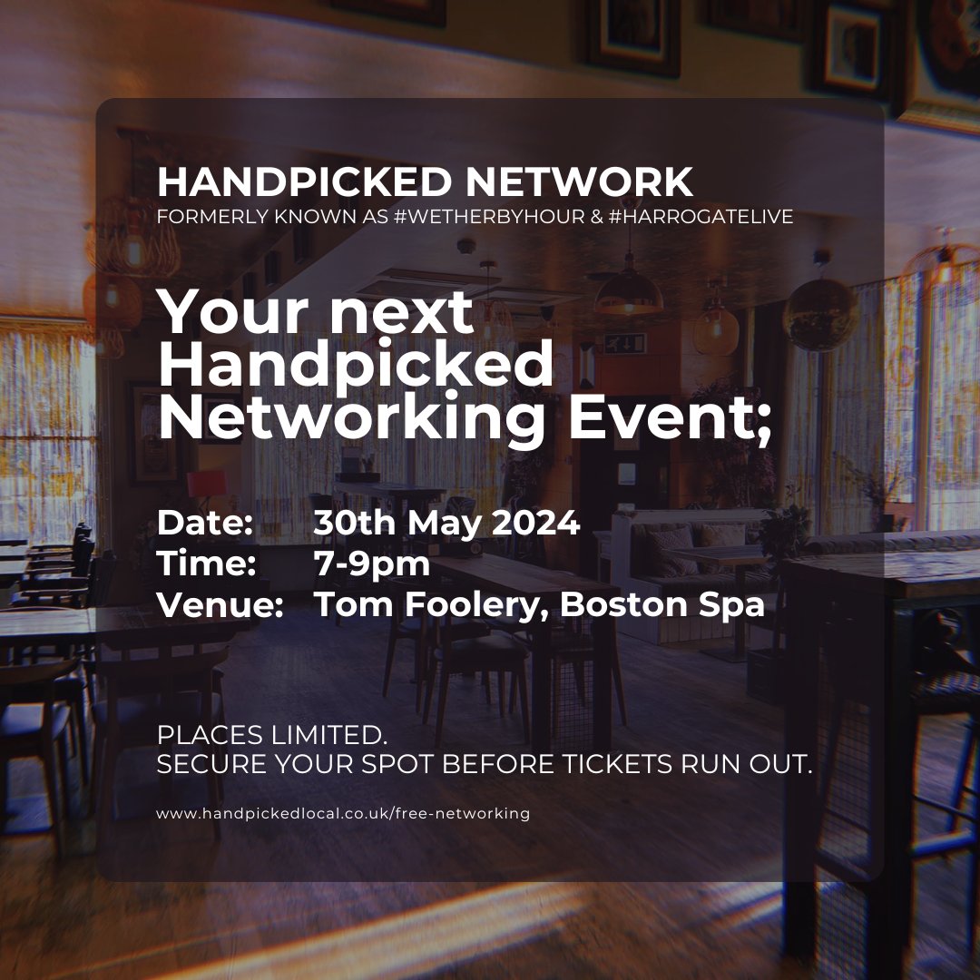 HandpickedNWork's tweet image. Forge valuable connections that open doors to new opportunities at our #HandpickedNetwork 

Join us in May @tomfoolerybspa - 📅 save the date, 30th May (7-9pm).

Booking link: handpickedlocal.co.uk/free-networking

See you there!

#Wetherby #Harrogate #Leeds #York #BostonSpa #FreeNetworking
