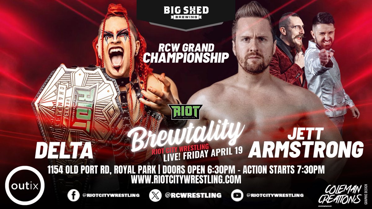 The King of the Fringe @JettArmstrong challenges @DELTABrady_ for the #RCWGrand Championship at #RCWBrewtality LIVE from @bigshedbeer 🍻 🎫 outix.co/tickets/event/… 🗓️ Friday, April 19th ⏰ Doors open 6:30pm | Event starts from 7:30pm 📍 1154 Old Port Rd, Royal Park