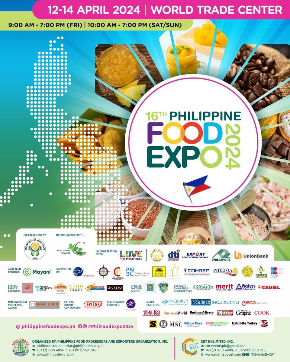 OmiGozon's tweet photo. 16th Philippine Food Expo 2024
12-14 April 2024
World Trade Center Metro Manila
9:00 AM - 7:00 PM (Fri)
10:00 AM - 7:00 PM (Sat/Sun)

#PhilFoodExpo2024
#EventsByCut https://t.co/BIOaEcXFdS