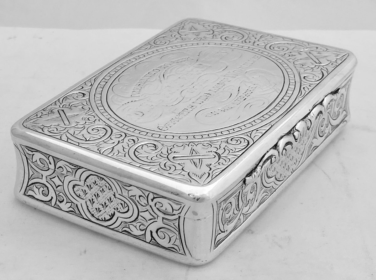 A Victorian silver table snuff box with Royal Engineers presentation inscription. Hallmarked for Birmingham 1866 by Colen Hewer Cheshire. #silver #antiques #RoyalEngineers