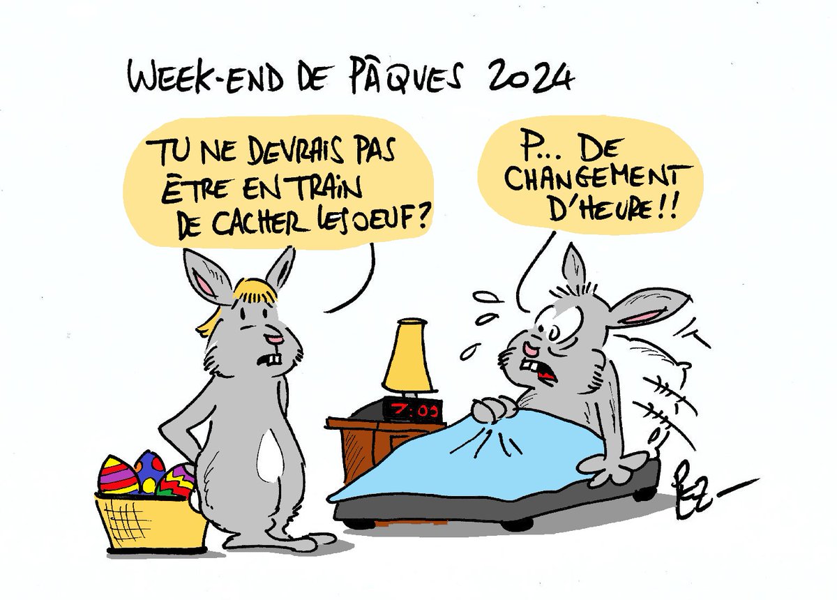 #Paques #oeufs #heuredété #changementdheure #heure #ete #changement #lapin #oeufsdepaques #DessinDePresse #dessin