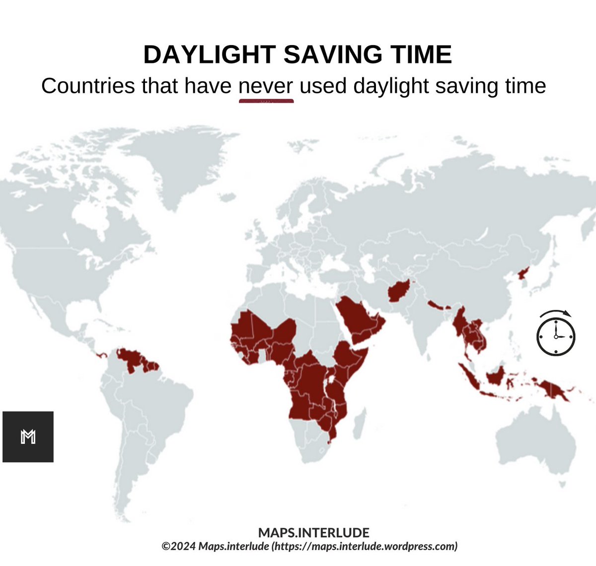 #DaylightSavingTime 
Countries that have never used daylight saving time 
•
#maps #oralegale