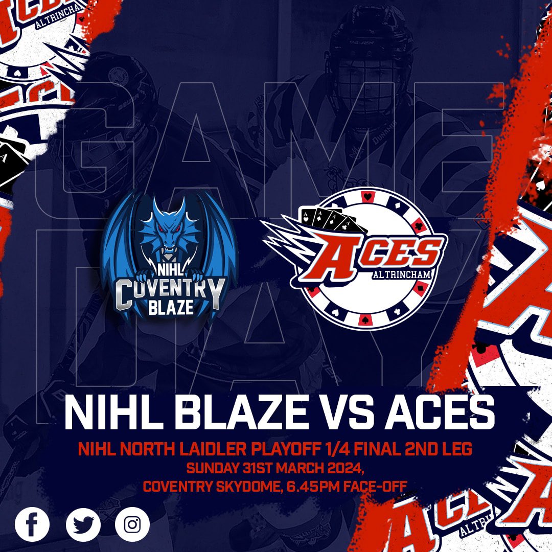 🚨PLAYOFF GAMEDAY🚨

It’s the final game of 23/24. Bring your chocolate eggs, and get your Aces hockey fix one last time this season!

Keep up to date with the score, with our live updates on our IG &amp; FB stories.

🆚 <a href="/NIHLBlaze/">IDP Coventry NIHL Blaze</a> 
📅 Sun 31st Mar 2024
⏰ 6.45pm
📍 <a href="/CoventrySkydome/">Skydome</a>