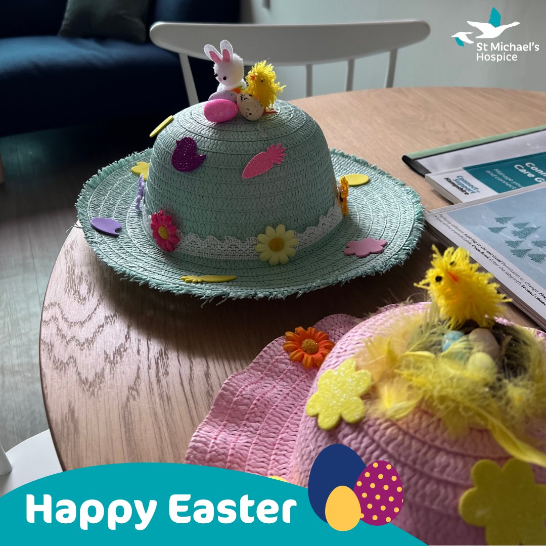 🐣🌷 Happy Easter from St. Michael's Hospice! Patients & families at our Living Well Centre are spreading cheer with beautiful Easter crafts—from knitted chicks to bonnets, their creativity knows no bounds! 🌟 #HappyEaster #EasterCrafts #LivingWellCentre