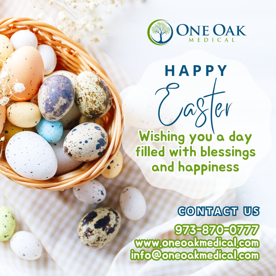 Let's celebrate this special day with love, joy, and renewal. May you have a day filled with blessings and happiness. Remember to take care of yourself and your loved ones, your health is our priority. Wishing you a blessed and happy Easter from all of us at One Oak Medical!