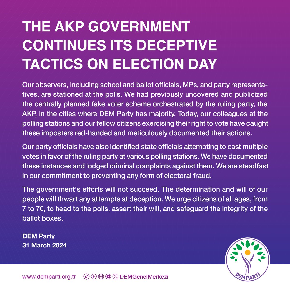 Today, in Turkey, we are participating in local elections. And our commitment to fair elections stands strong. #OyunuKullanSandığıKoru Statement👇