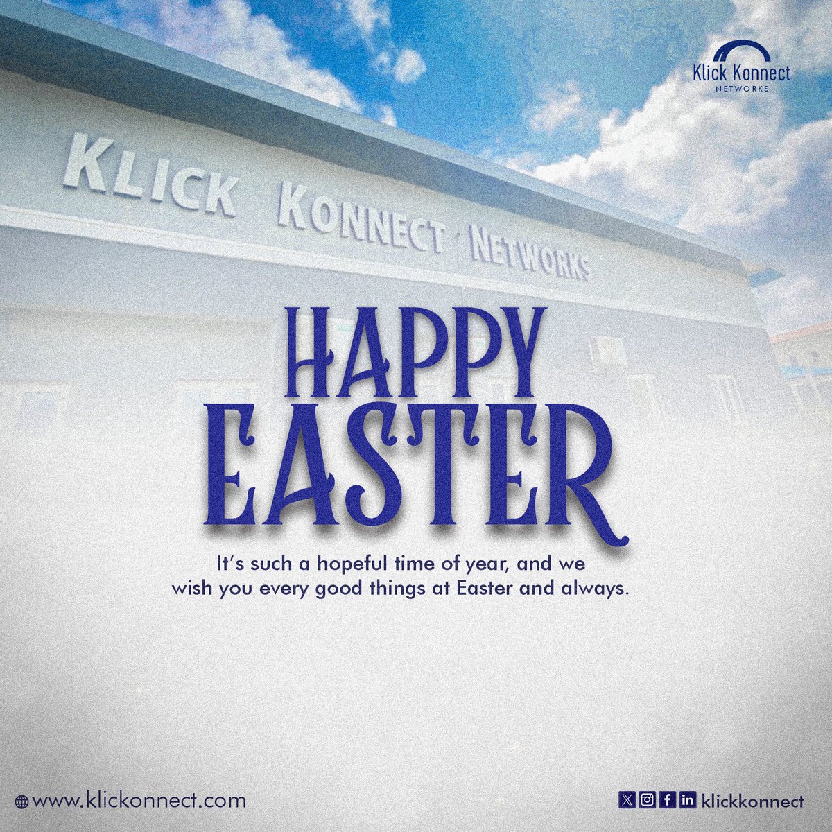Happy Easter from all of us at Klick Konnect Networks
We wish you every good things at Easter and always.
#konnectX #easter #kkn
#sunday #publicity #signageboard
#klickkonnect #BusinessManagement #SMEs #ConsultancyServices