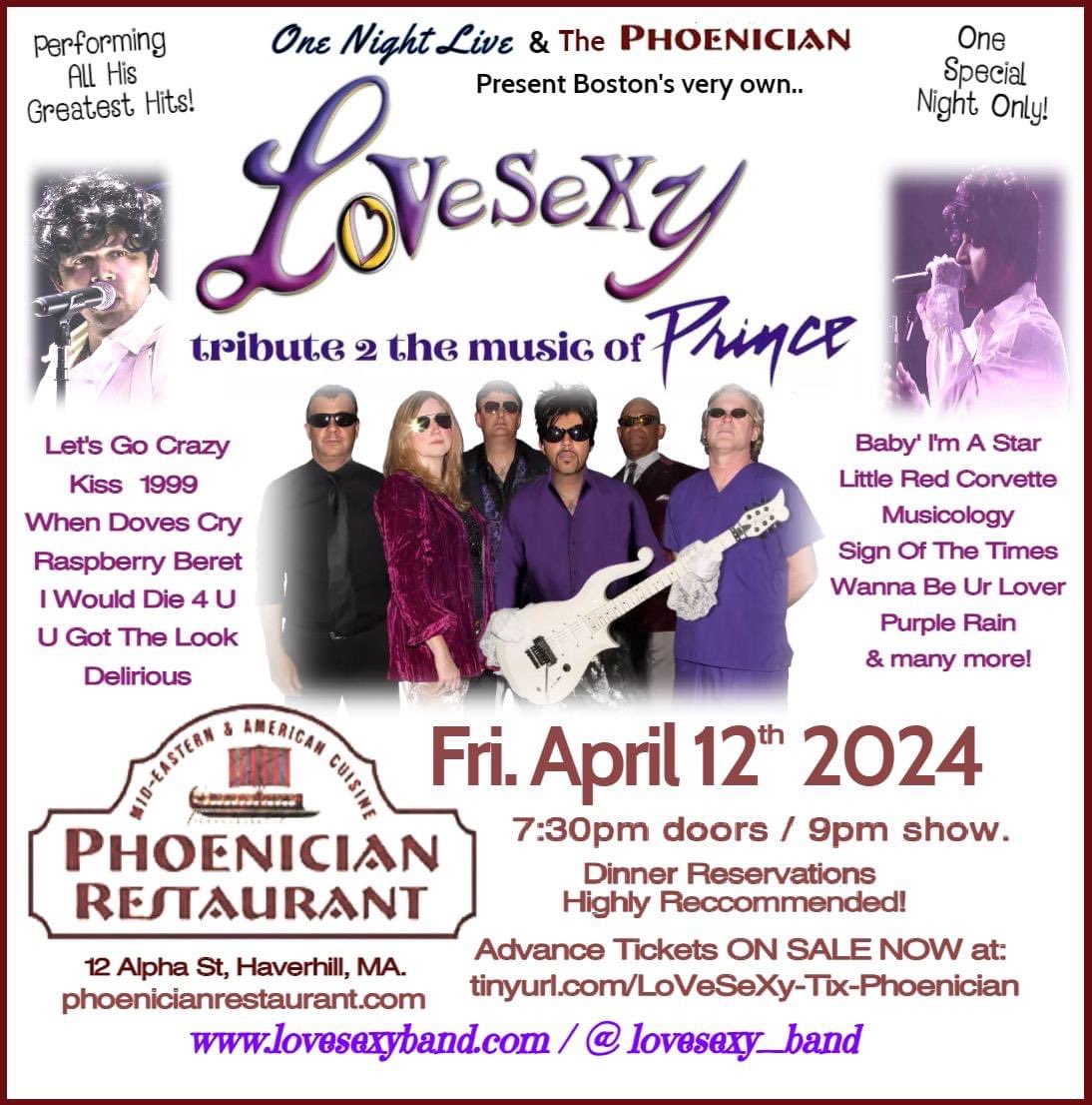 LoVeSeXy, New England's Premier tribute 2 the music of PRINCE at The Phoenician on 4/12/24. Only April appearance. Get Your Tix Now!! tinyurl.com/LoVeSeXy-Tix-P…