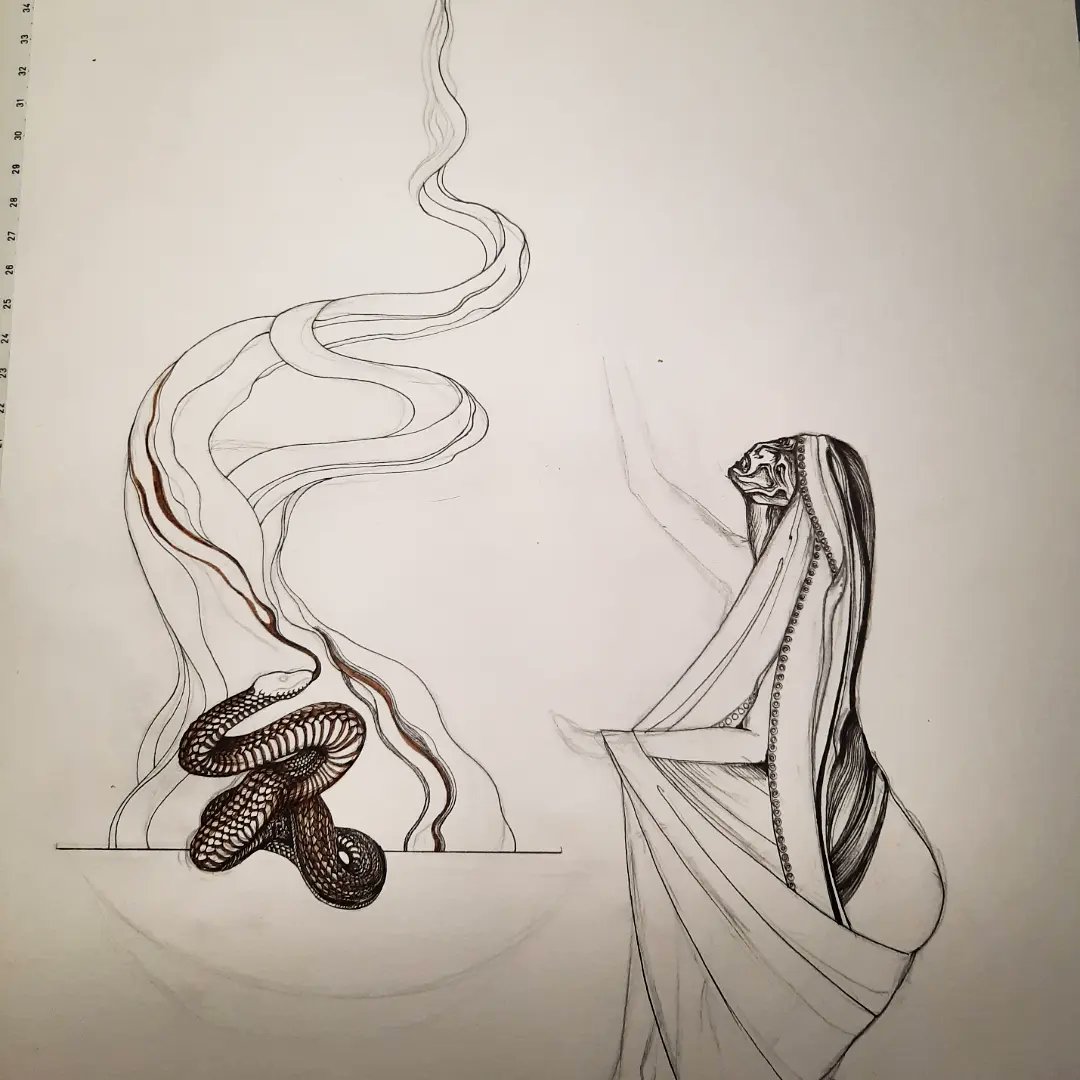 Ina_Auderieth's tweet photo. The Conjunction Tarot deck is finally drawn.
Now I have time for my own project.
This one is called "the offering" and guess what, can't get one piece done without a serpent 😊🐍

#inaauderieth #occultdrawing #occultart #symbolic #magick #thelema #serpent #symbols #symbolicart https://t.co/PKbiMMEKsu