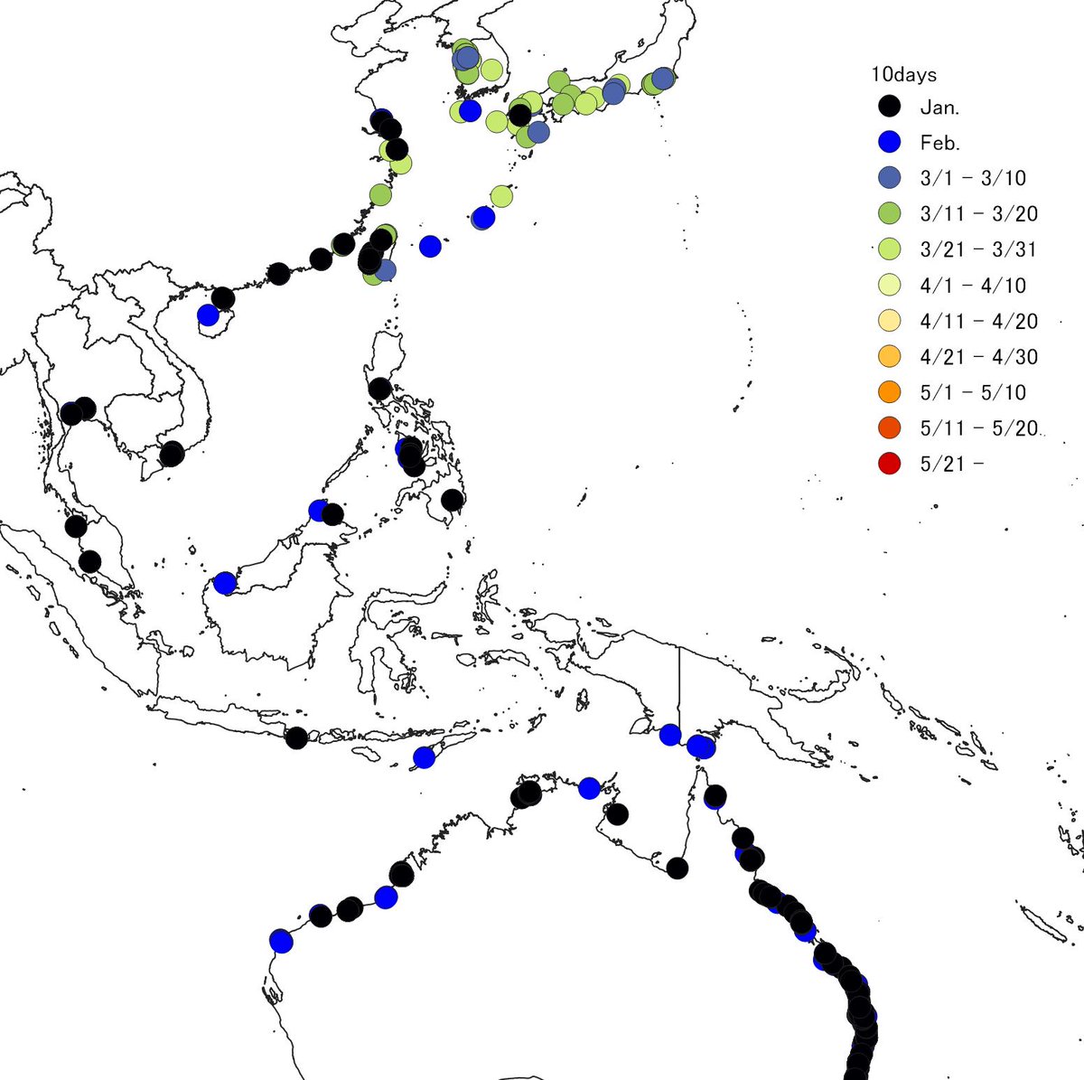 気になったので、eBirdからホウロクシギの1～3月の全記録を含めてみました。 中国沿岸の割と高いところで越冬している個体もいますね。渡りをあきらめた個体だろうか。#Far_Eastern_Curlew　#EAAF　#2024jan_Mar