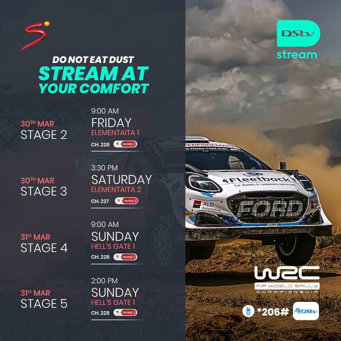 The #WRCSafariRally winds up today at Hell’s gate. 

Be sure to tune in to DStv Ch. 228 to catch all the action live!  

#WRCLive