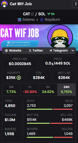 Catwifjobsol's tweet photo. $CAT JUST SMASHED 1MIL VOLUME IN ONLY 9HOURS !!!

BOTTOM IS IN 

CHADS JOINING !!!

#CatWifJob https://t.co/oV0KmDVqNq