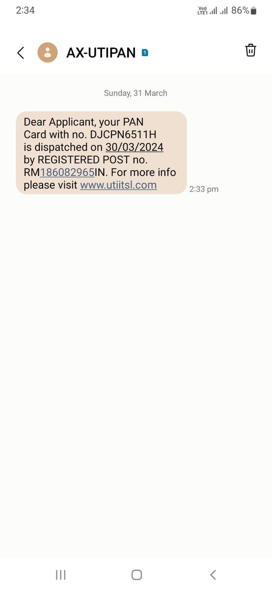 SMS from Utiisl <a href="/IncomeTaxIndia/">Income Tax India</a> about Pan card no. DJCPN6511H to be delivered by <a href="/IndiaPostOffice/">India Post</a> consignment no. RM186082965IN to Lahorighat S.O. I already have pan card &amp; I haven't requested, this a fraud &amp; please take action <a href="/dibrugarhpolice/">Dibrugarh Police</a> <a href="/MorigaonPolice/">Morigaon Police</a> <a href="/DGPAssamPolice/">DGP Assam</a>