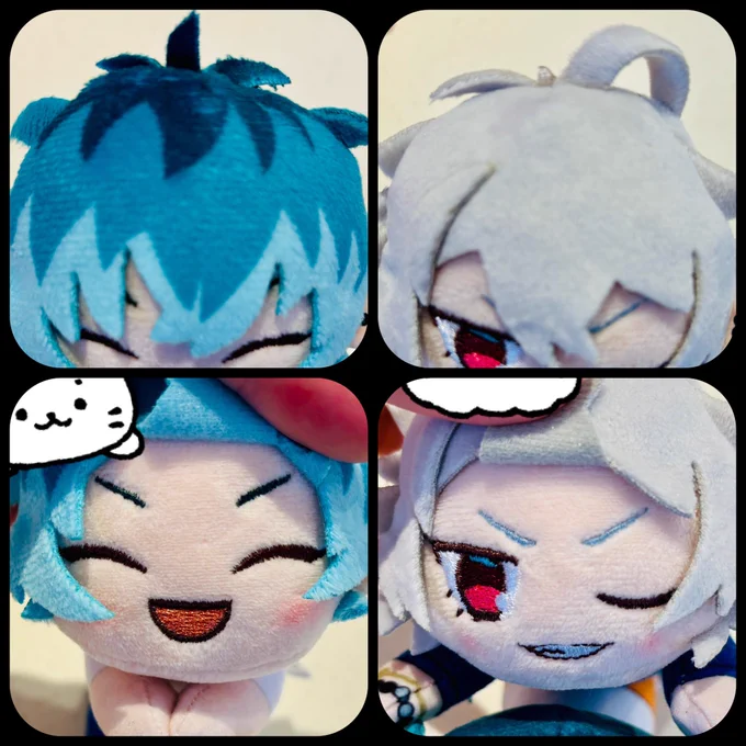 今回のイラストと同じようにささらのが三つ葉になってる!(かわいい)さまときくんはぴろぴろしないようにくっついてるそしてまゆげ キリッ上倉エクさんの絵柄でつくられてるからお顔が本当にかわいいよ…さまときくんの悪い顔じゃない笑顔のぬいは貴重 感謝 